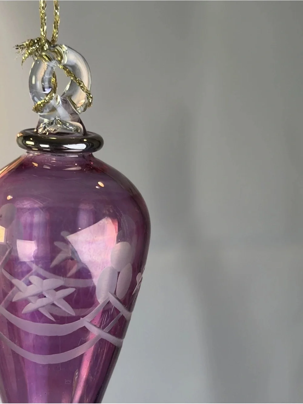 Set of 2 Egyptian Hand Blown Fancy Gold Purple Etched Glass Christmas Ornaments